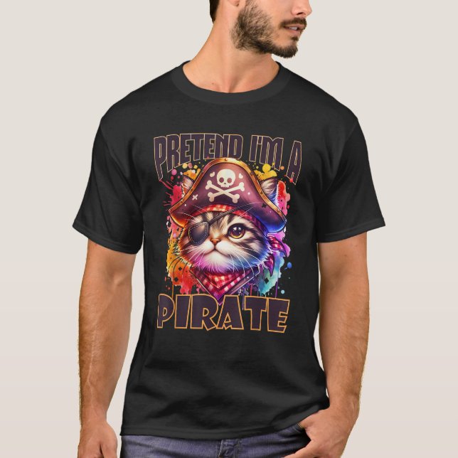 Camiseta Ilustração de Gato Pirata Engraçado para o Gato Qu (Frente)