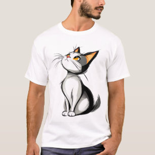 Camiseta Ilustração de Gato Preto e Branco Sentado de Desen