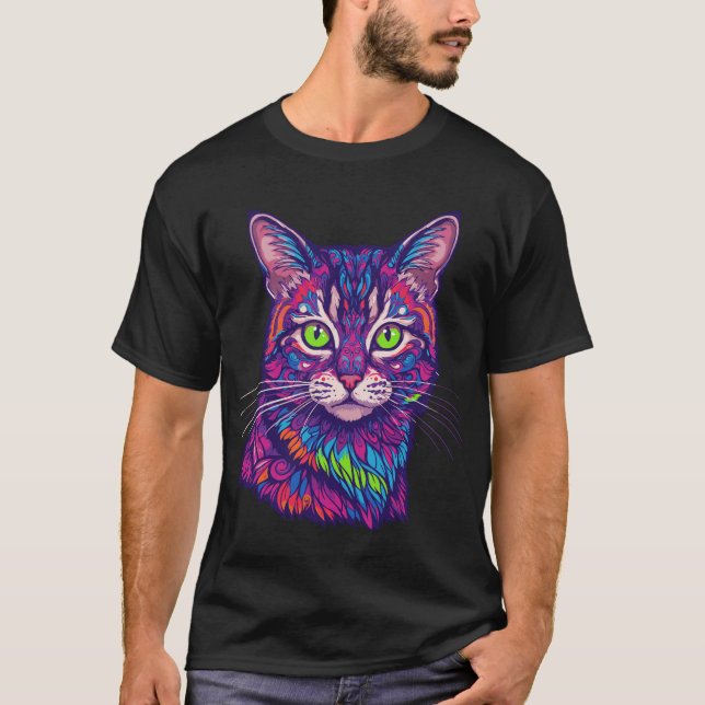 Camiseta ilustração de gato psicodélico (Frente)