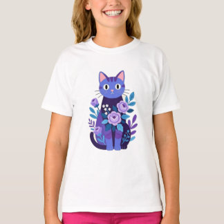Camiseta Ilustração de Gato Roxo Floral & Rosas