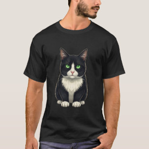 Camiseta Ilustração de Gato Tuxedo com Olhos Verdes Gato Fo