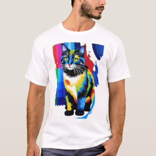Camiseta Ilustração de Gato Vibrante em Arte Pop