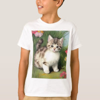 Ilustração de Gato Vintage com Flores Vermelhas