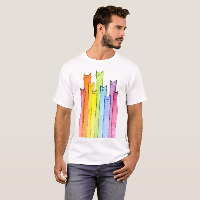 Camiseta Ilustração de Gatos Whimsical Arco-Íris (Frente Completa)