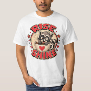 Camiseta Ilustração de Guaxinim Amante de Café 'Rise & Shin