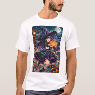 Camiseta Ilustração de Halloween de Garota Anime Bruxa