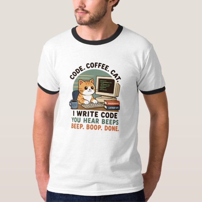 Camiseta Ilustração de Humor de Programador de Gato de Café (Frente)