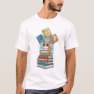 Camiseta Ilustração de Kitten Curioso Devorador de Livros