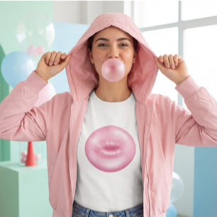 Camiseta Ilustração de Lábios com Chiclete – Arte Pop Rosa