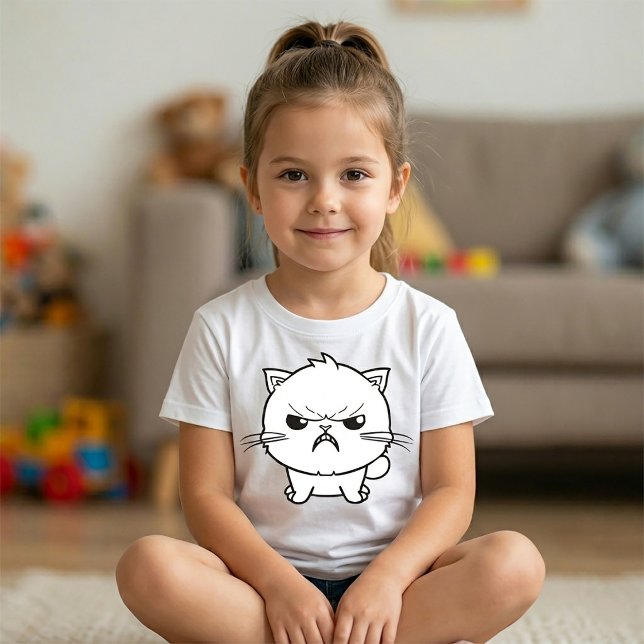 Camiseta Ilustração de Linha de Gato Raivoso e Fofinho Sibi (Cute Angry hissing Cat Line Art Illustration. Girl Basic White T-Shirt)