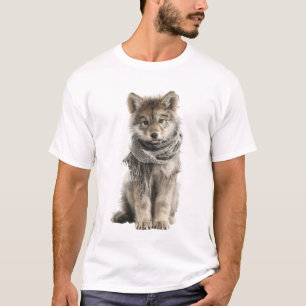 Camiseta Ilustração de Lobo Filhote Fofo com Cachecol de Tr