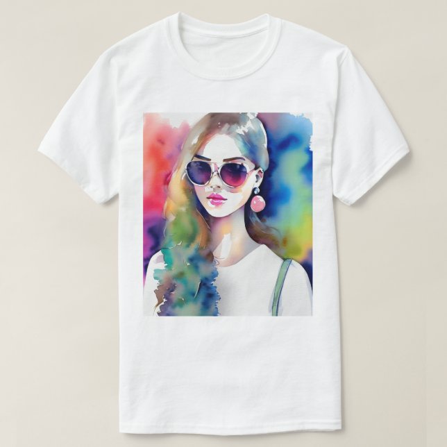 Camiseta Ilustração de Menina Desenhada, Moça de Moda, mulh (Frente do Design)