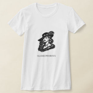 Camiseta Ilustração de Moda de Mulher Glamurosa com Gato