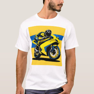 Camiseta Ilustração de Motocicleta de Corrida Amarela e Pil