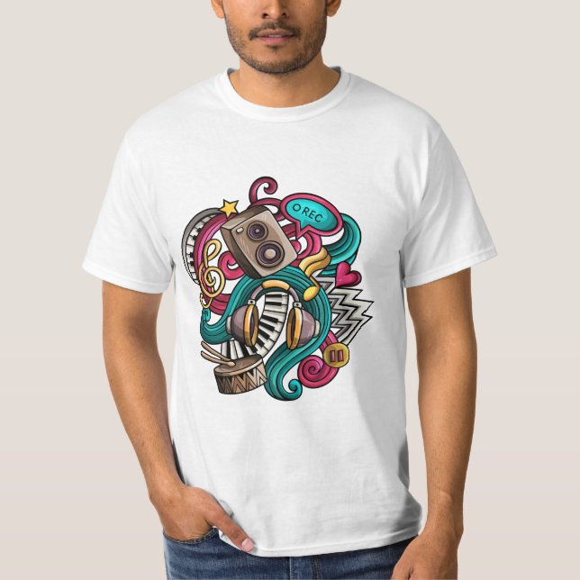 Camiseta Ilustração de Música Colorida Desenhada À Mão (Frente)