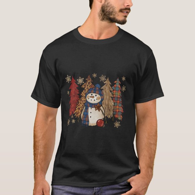 Camiseta Ilustração de Natal de Boneco de Neve Rústico e Ac (Frente)