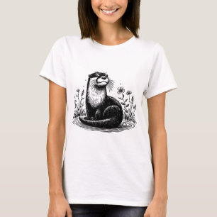 Camiseta Ilustração de Natureza em Linha de Lontra