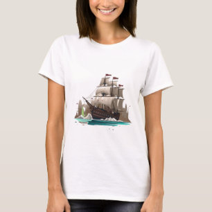 Camiseta Ilustração de Navio à Vela Vintage Madeira Cláss