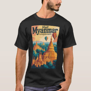 Camiseta Ilustração de Pagodes de Mianmar Arte de Viagem Vi