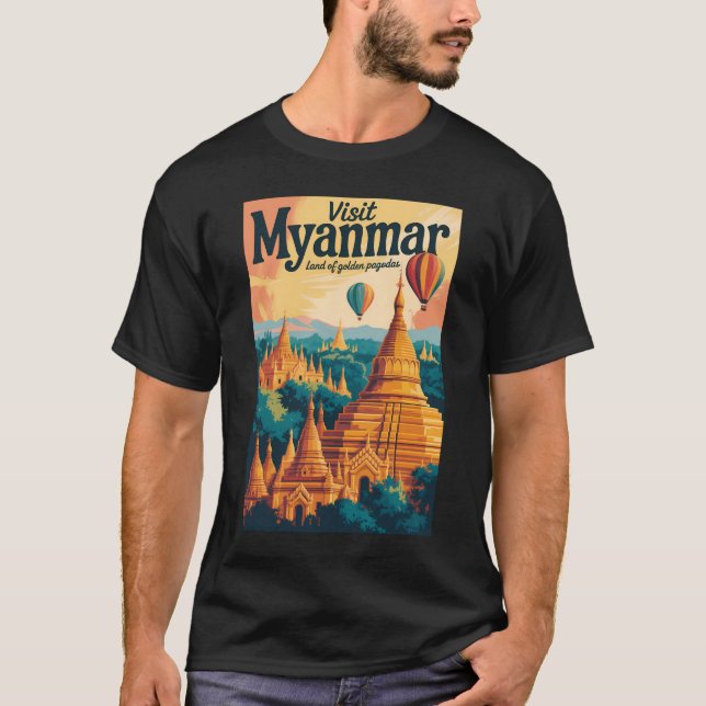 Camiseta Ilustração de Pagodes de Mianmar Arte de Viagem Vi (Frente)