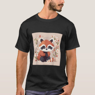 Camiseta Ilustração de Panda Vermelho e Flor de Cerejeira D