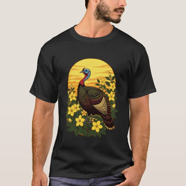 Camiseta Ilustração de Peru Selvagem e Flores de Gelsemium (Frente)