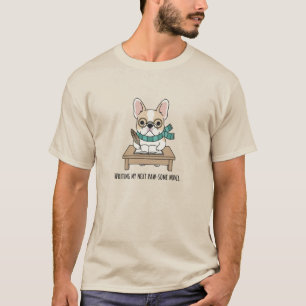 Camiseta Ilustração de Portas da Mesa do Bulldog Escrevendo