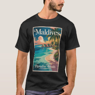 Camiseta Ilustração de Praia das Maldivas Arte de Viagem Vi