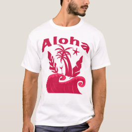 Camiseta Ilustração de Praia de Onda Tropical Aloha