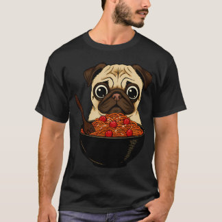 Camiseta Ilustração de Pug Comendo Ramen Tigela de Macarrão