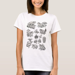 Camiseta Ilustração de rã e cogumelo em gravura vintage