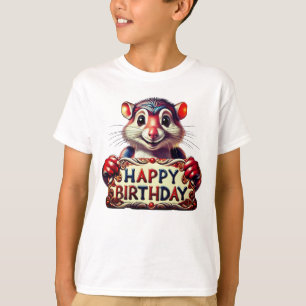 Camiseta Ilustração de Rato Feliz de Aniversário de Cartoon