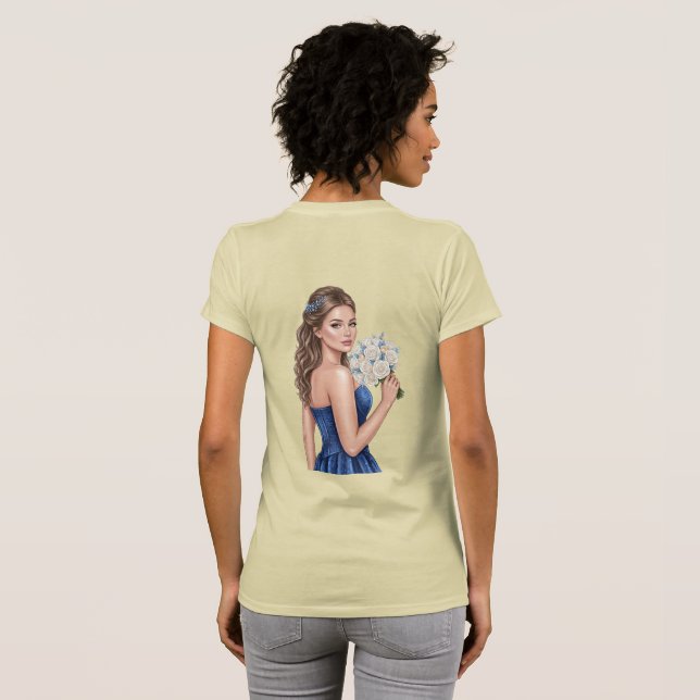 Camiseta Ilustração de retrato de dama de honra azul elegan (Parte Traseira Completa)