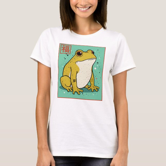 Camiseta Ilustração de Sapo Japonês com Design de Sorte (Frente)