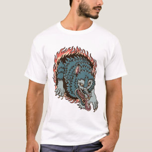 Camiseta Ilustração de tatuagem colorida do lobo do inferno