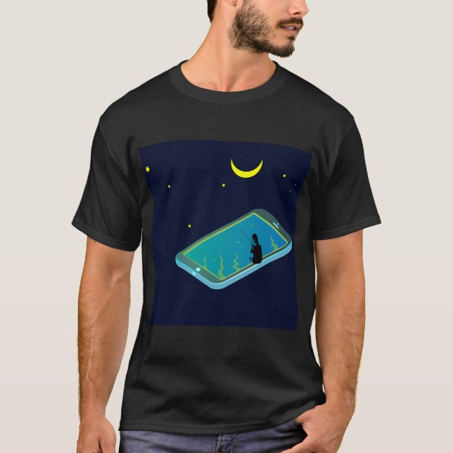 Camiseta ilustração de telefone e pesca, (Frente)