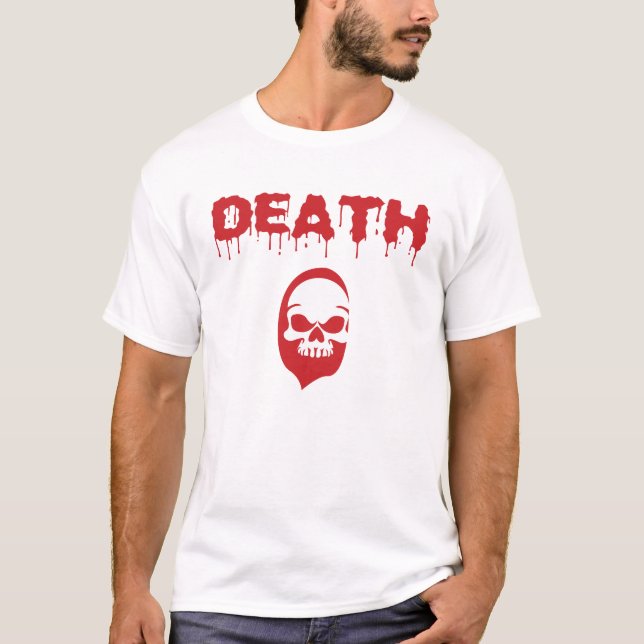 Camiseta Ilustração de Terror com Texto 'Morte' Pingando (Frente)