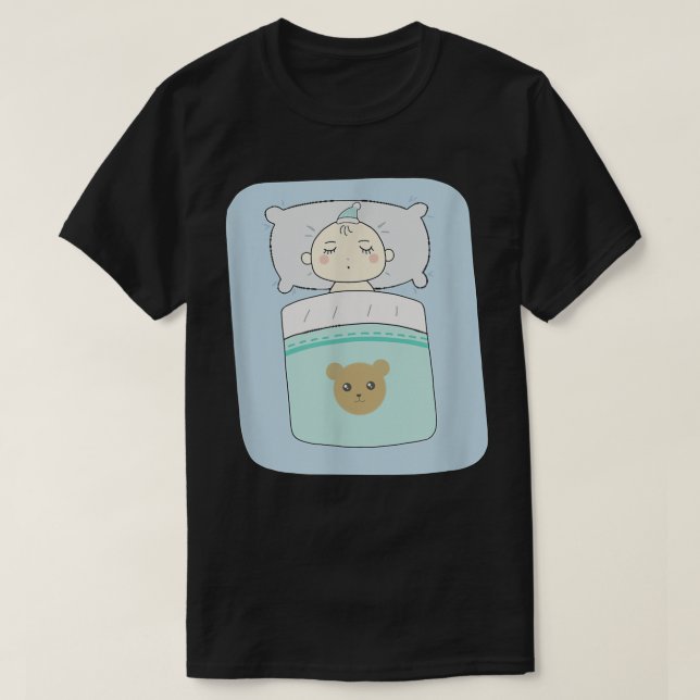 Camiseta ilustração de um bebê adormecido e de um urso (Frente do Design)