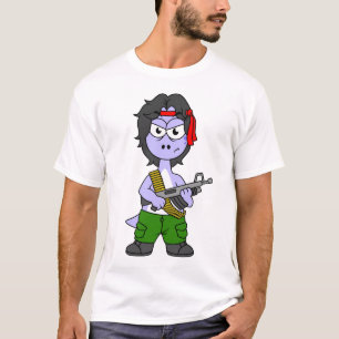 Camiseta Ilustração De Um Brontossauro Vestido Como Rambo.
