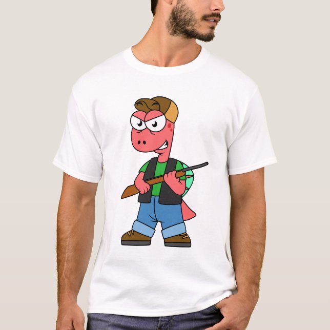 Camiseta Ilustração De Um Caçador De Espinossauro Com Arma. (Frente)