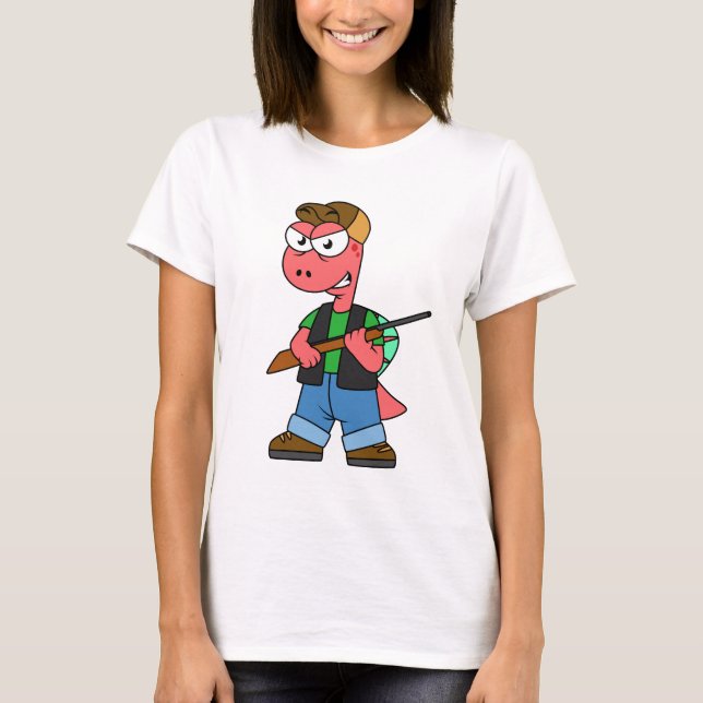 Camiseta Ilustração De Um Caçador De Espinossauro Com Arma. (Frente)