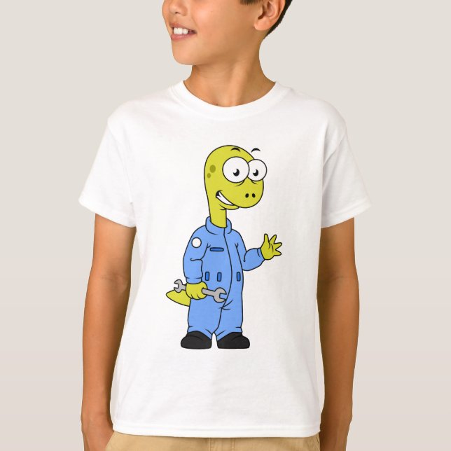 Camiseta Ilustração De Um Mecânico Brontossauro. (Frente)