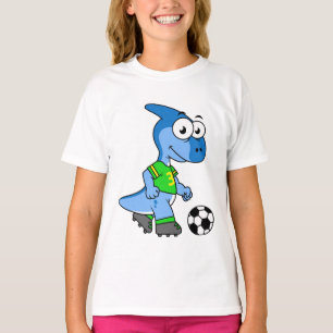 Camiseta Ilustração De Um Parasaurolofo Jogando Futebol.