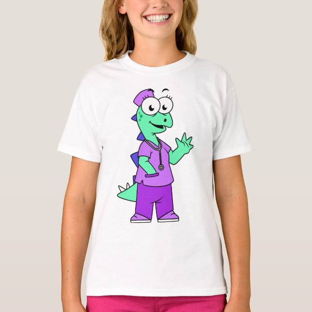 Camiseta Ilustração De Uma Enfermeira De Stegossauro. (Frente)