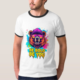 Camiseta Ilustração de Urso Ousado com Slogan Inspirador