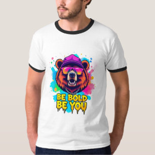 Camiseta Ilustração de Urso Ousado com Slogan Inspirador