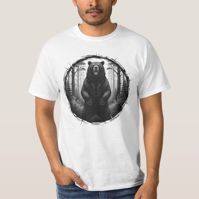 Camiseta Ilustração de Urso Rugindo – Gráfico de Floresta S (Frente)