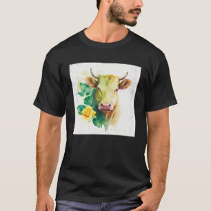 Camiseta Ilustração de Vaca Fofa Flores Verde Laefy Mulhere