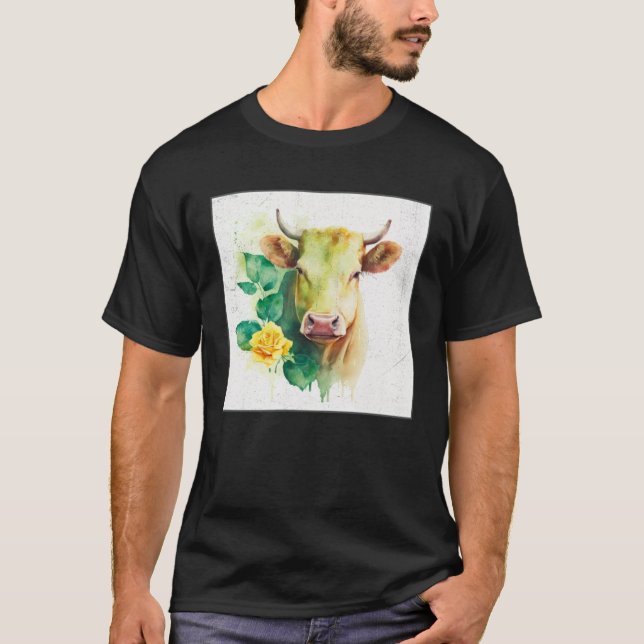 Camiseta Ilustração de Vaca Fofa Flores Verde Laefy Mulhere (Frente)