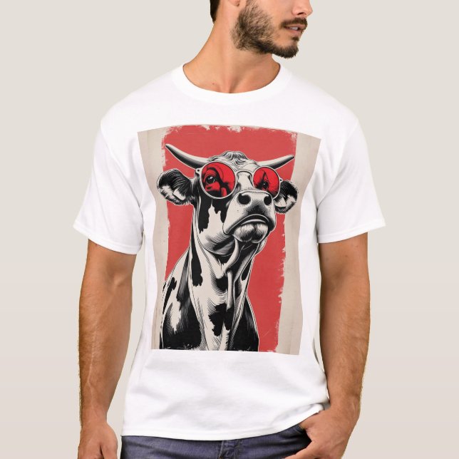 Camiseta Ilustração de Vaca Negra com Óculos de Sol Vermelh (Frente)